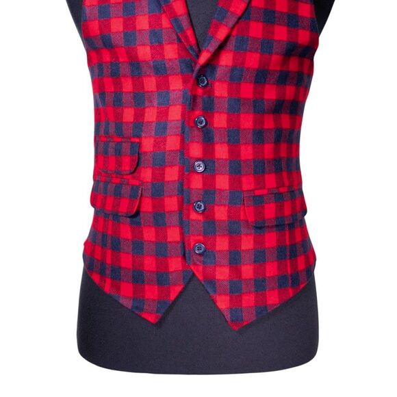 Mens Vest 40R Red Blue Plaid Check Wool Waistcoat Medium Formal Wedding Party - Picture 5 of 10
